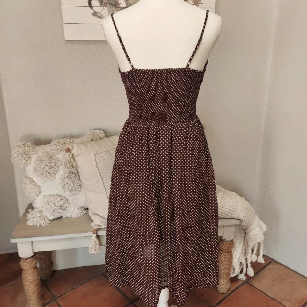 Skylar+Madison Midi Brown Polkadot Flowing Cutout Swing Summer Dress Size Small - Picture 6 of 7